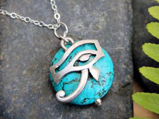 Eye of Horus amulet & turquoise stone necklace  pewter Egyptian 