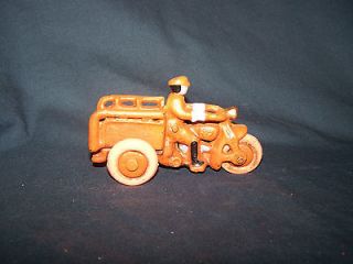 Collectible Cast Iron Orange 3 Wheel Motorcycle with Rider