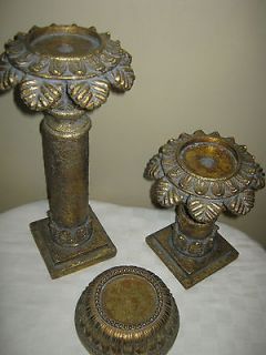   Company Ornate Gold Heavy Resin Pillar Candle Holders   Lot of Three