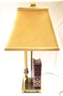   Vintage Goldtone Table Lamp And Shade With Decorative Book Attached