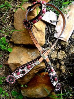 HORSE BRIDLE WESTERN LEATHER HEADSTALL HAIR ON PINK BLING TACK TODEO 