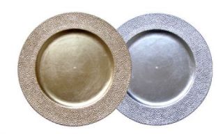 SET OF 4 ROUND CHARGER PLATES, 13 INCH, GOLD & SILVER, 4 TRENDY 