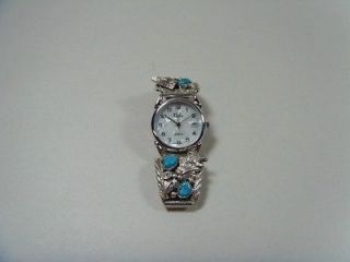 Wolf & Turquoise Silver Watch Tips & Band By Running Bear