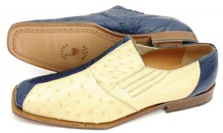 New DAVID EDEN Spain Blue & Beige Ostrich Loafers Shoes 15 NIB $1,295