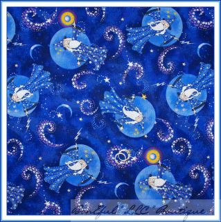 BonEful Fabric FQ Blue Moon WIZARD Star Magic Glitter Harry Potter 