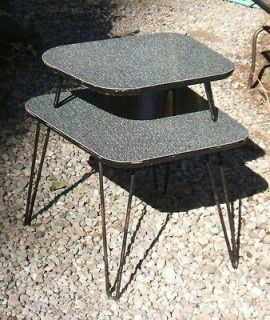   Modern 1950s Black Formica & Iron Legs End Coffee 2 Tier Table