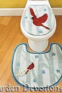 Fabric RED CARDINAL & BIRCH TREES TOILET SEAT COVER & SURROUND RUG 