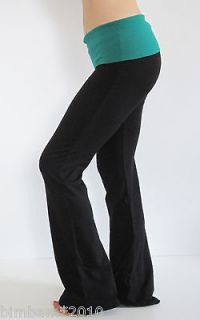 Black Yoga Fitness Gym Long Pants With Kelly Green Color Fold Over 