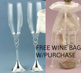 Pr of 2 Hearts Wedding Champagne Flute Toasting Glasses Silver Plated 