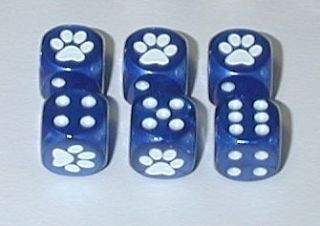 DICE   *6* 16mm PAW PRINTS ON VELVET BLUE w/WHITE PIPS & PAW ACES FOR 