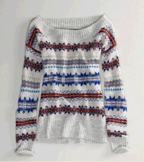   AE American Eagle Women Fair Isle pattern Off Shoulder Grey Sweater