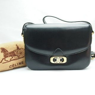 Vintage Celine Black Leather Logo Buckle Flap Shoulder Bag Handbag 