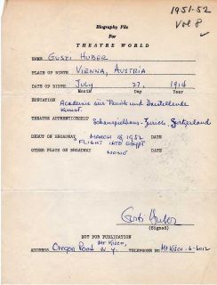   of Anne Frank Actress Gusti Huber SIGNED Theatre World Biography Form