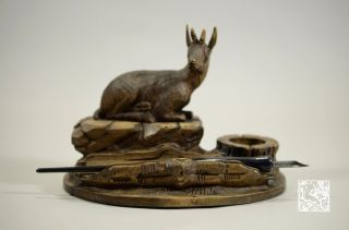 19th C. Swiss Carved Wood Alpine Goat Shmonix Pen and Ink Stand