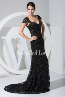   Black Mermaid Cap Sleeve V Neck Lace Formal Gown Evening Prom Dresses
