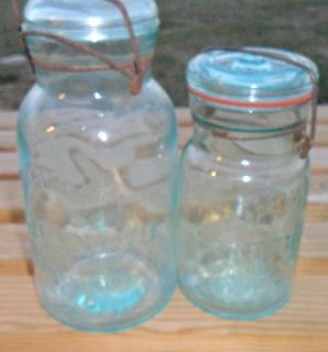 Vintage Quart/ Pint Lightning Canning Jars Blue / w Wire Bail 