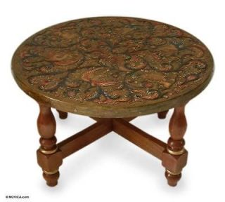 LIVING ORCHARD Hand Tooled LEATHER & CEDAR ROUND COFFEE ACCENT TABLE 