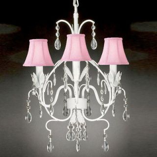   CRYSTAL CHANDELIER LIGHTING TOLE W PINK SHADE COUNTRY FRENCH WHITE