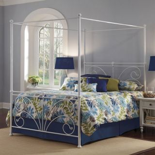   Full Size Antique White Metal Canopy Bed with Optional Bed Frame