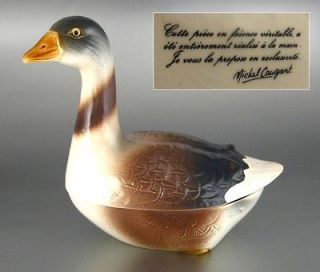 Authentic French Handmade Faience Duck Terrine, Signed Michel Caugant