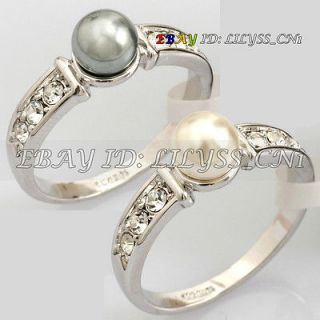 R540 Fashion 6mm Pearl Ring 18K GP use Swarovski Crystal