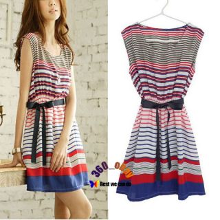 Womens Summer Chiffon Colorful Stripes Party Mini Dress With Belt 