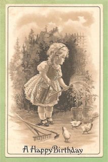Vtg PC LITTLE GIRL WATERING IN HER GARDEN with chicks, a rake & a hoe