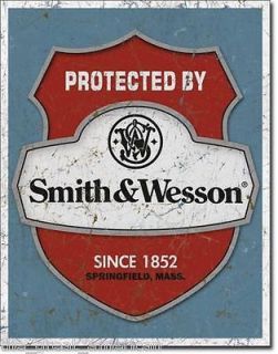Protected by Smith & Wesson S & W Badge Gun Vintage Metal Tin Sign 