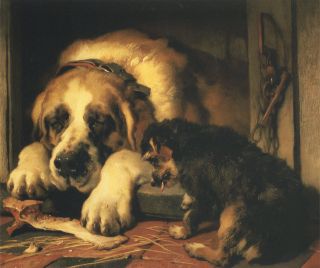 1859 Edwin Landseer, St Bernard & Puppy, cute scene, antique repo 15 
