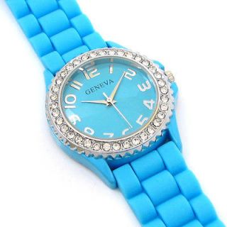 BLUE Sky Silicone Gel Rubber Band Crystal Bezel Womens WATCH
