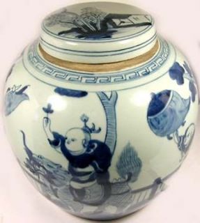 Exceptional 19thC China Blue and White Porcelain Jar+Lid Official 