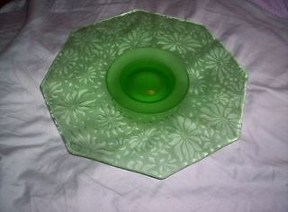 Green Depression Glass Cake Plate w/ Poinsettias 10.5 X 10.5