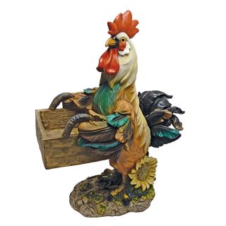   Crowing Rooster Chicken Standing Holding Basket Bird Feeder Statue