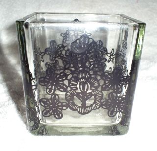 Tall Square Clear Glass Candle Holder with Ornate Black Design