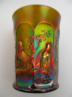   BIRDS by NORTHWOOD ~ GREEN CARNIVAL GLASS TUMBLER ~ GREAT COLOR