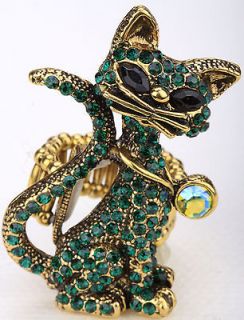 Gold green crystal cat stretchy ring;matching pin brooch & pendant 