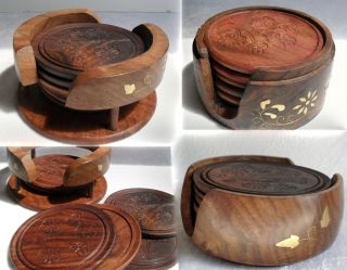   Wood Wooden ROUND COASTER SET in Holder 6 COASTERS Drinks Table Mat