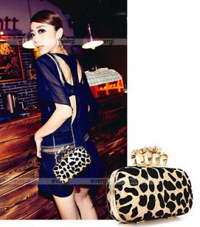   Skull Knuckle Ring Leopard Handbag Party Evening Bag Clutch Purse A