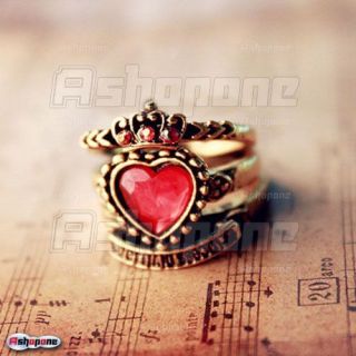 New Retro Vintage Red Love Heart Crown 3in1 Ring