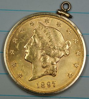  Gold Liberty $20 Double Eagle in Gold Filled Bezel, Necklace, Coin 
