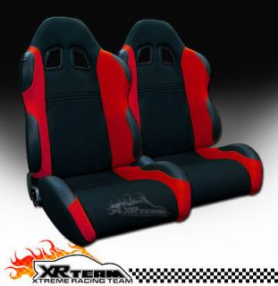 2x Left+Right Black/Red Fabric & PVC Leather Reclinable Racing Seats 