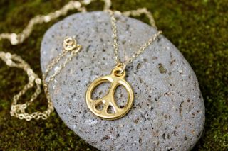 Gold peace sign necklace   24k gold plated charm on 14k gold filled 