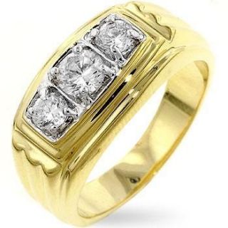 Mens 14K Gold GB Triple Simulated Diamond Bling Ring Size 9   G4
