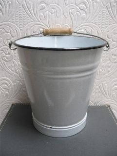 Antique Light Grey Graniteware Tall French Flower Bucket Wood Handle