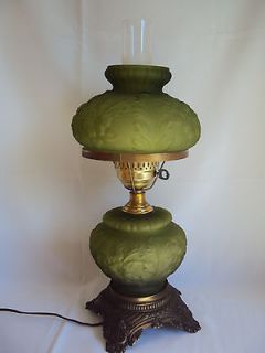  AVOCADO GREEN FENTON POPPY PATTERN GONE WITH WIND HURRICANE TABLE LAMP