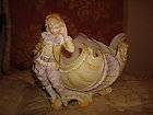 ANTIQUE BISQUE SPILL VASE GIANT SEA SHELL W LAD FIGURE LISTENING