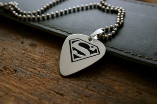 Hand Made Etched Nickel Silver Guitar Pick Necklace   Superman
