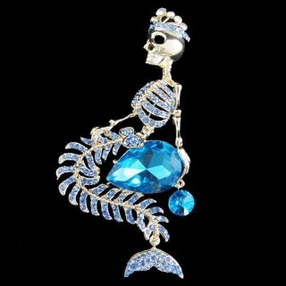 Mermaid Skull Crown Drop Brooch Pin Rhinestone Crystal Blue Halloween