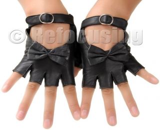 LADIES BLACK BOW FINGERLESS LEA​THER GLOVES