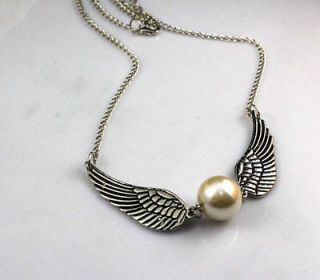 Harry potter Golden Snitch necklace, Silver Double wings antiqued 